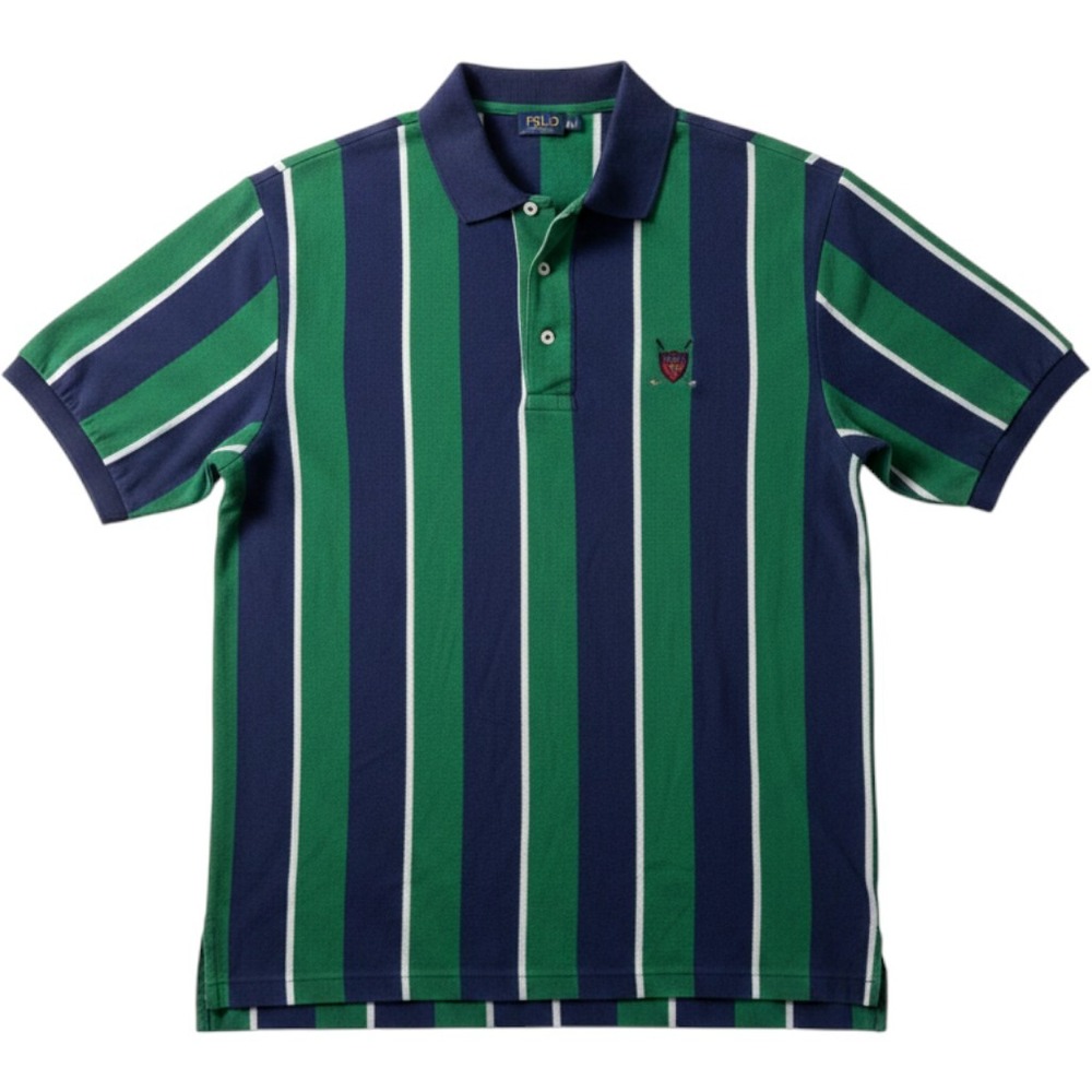Polo Ralph Lauren Mens Green Blue Vertical Stripe Crest Polo Shirt Vintage XL
